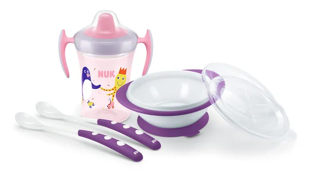 nuk-learn-to-eat-set-svezzamento-6-mesi-viola-trainer-cup-230-ml-piatto-cucchiai image 1