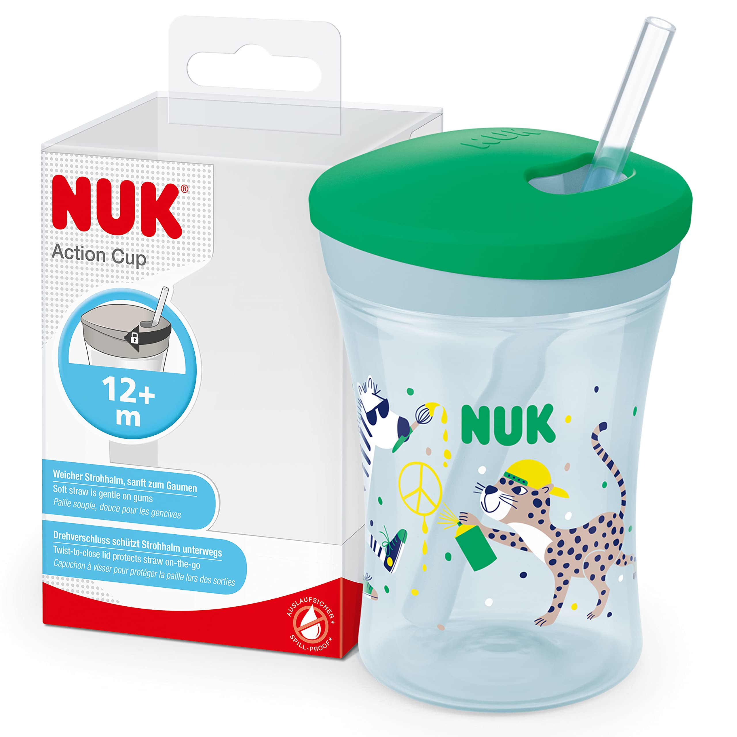nuk-action-cup-bicchiere-con-cannuccia-230-ml-leopardo-verde-12-mesi image 1