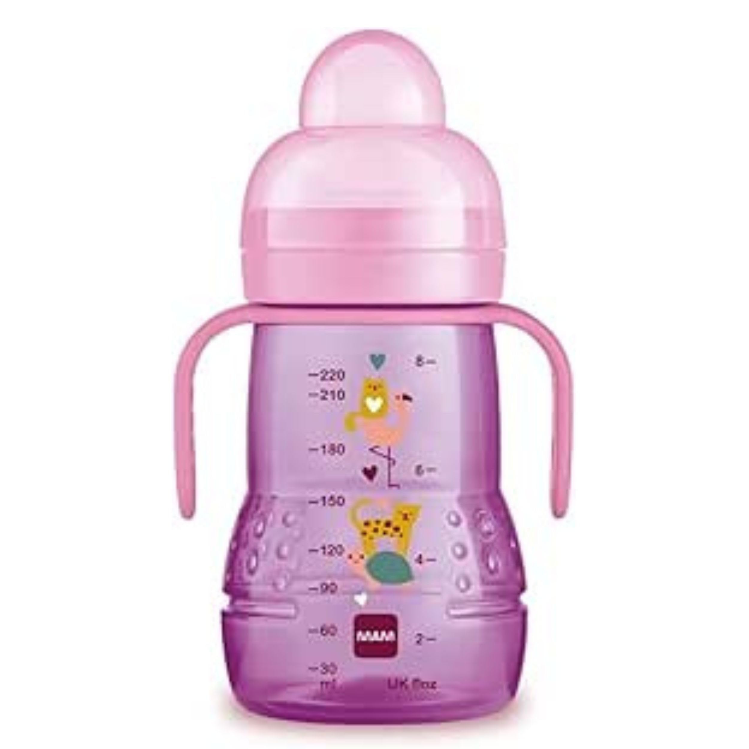 mam-trainer-night-220-ml-biberon-tazza-4-mesi-con-manici-fluorescenti-rosa image 1