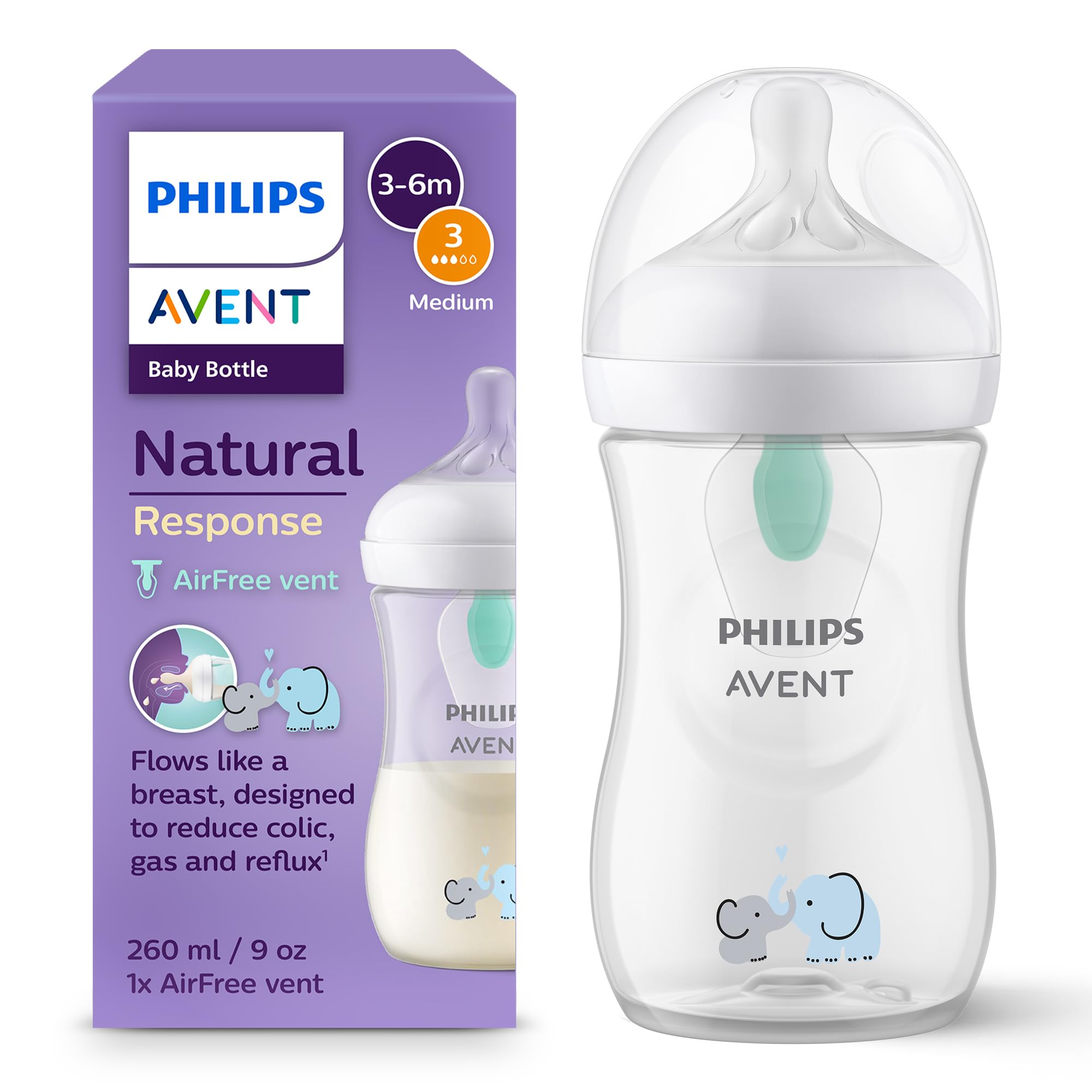 philips-avent-natural-response-biberon-260-ml-con-valvola-airfree-elefante-scy67 image 1