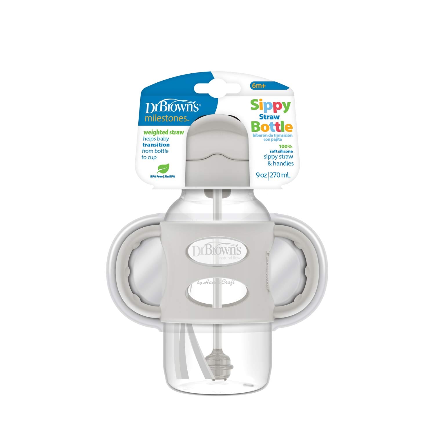 dr-brown-s-milestones-wide-neck-sippy-straw-bottle-con-manici-silicone-270-ml image 3